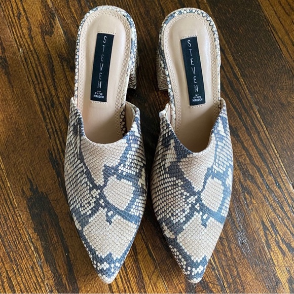 STEVEN NEW YORK by Steve Madden Selma Snake Print Pointed Toe Block Heel Mules - Picture 7 of 11